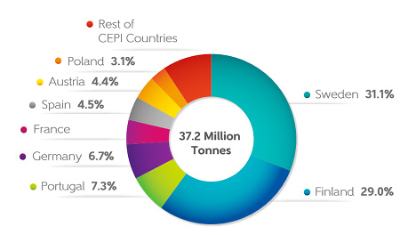 Produkcja celulozy w krajach CEPI w roku 2016